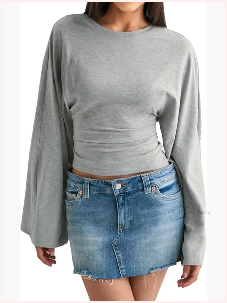 Women's Fall Sexy Tie-Front Cropped T-Shirt Top Casual Stretch Short Sleeve
